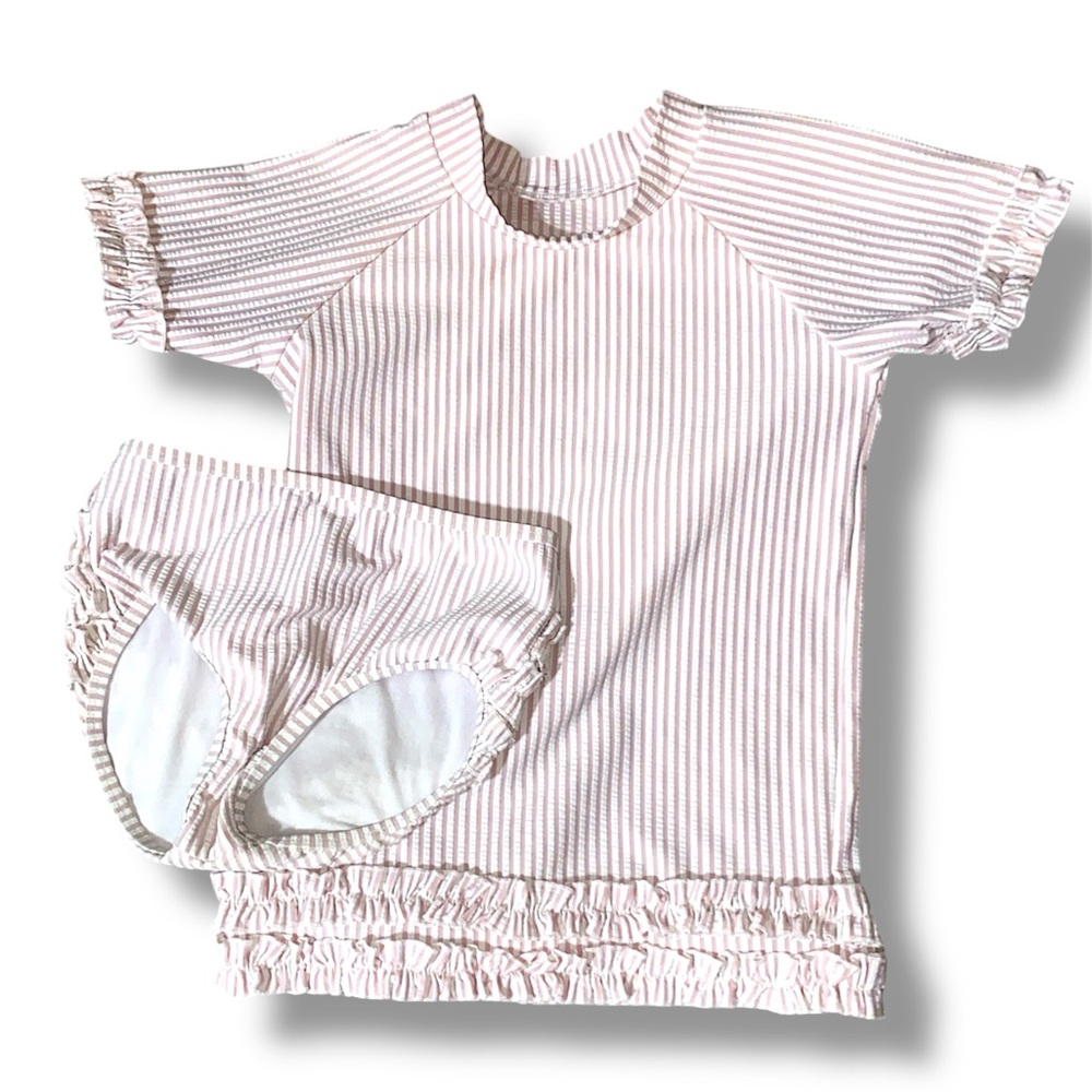 RuffleButts Pink Seersucker Ruffled Rash Guard Bikini